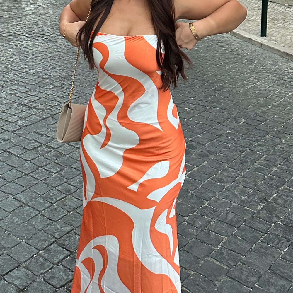 Revolve Orange and White Strapless Dress